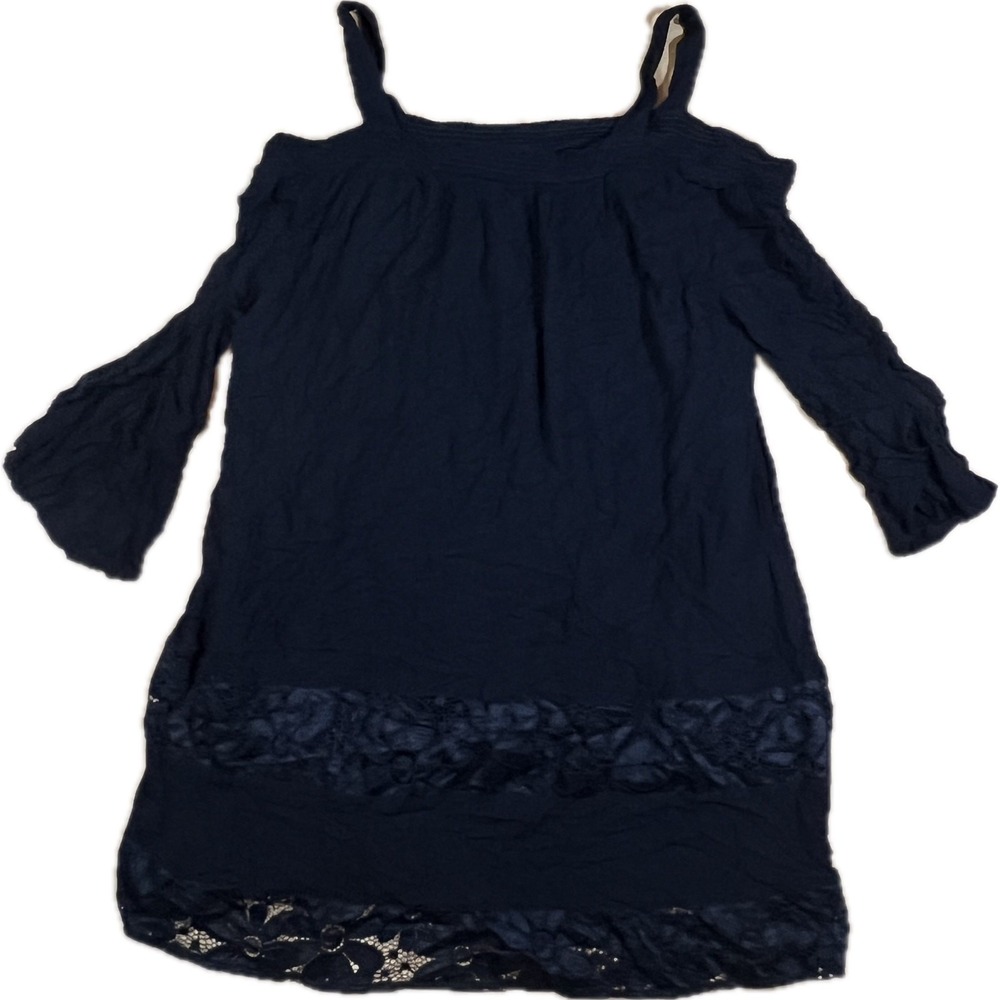 Kaari Blue Cold Shoulder Tunic Womens 4XL Black Lace Bell Sleeve Boho Blouse